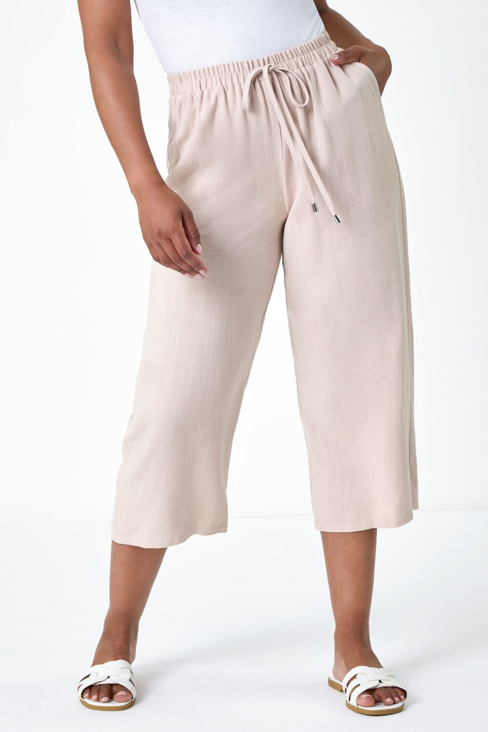 Stone Petite Linen Mix Wide Cropped Trousers, Image 4 of 5