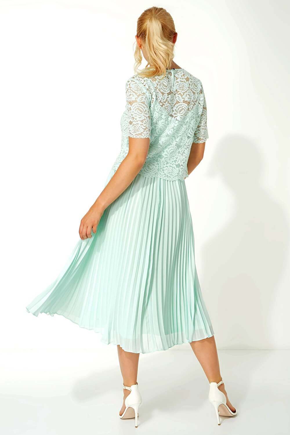 Mint Lace Top Overlay Pleated Midi Dress, Image 2 of 5