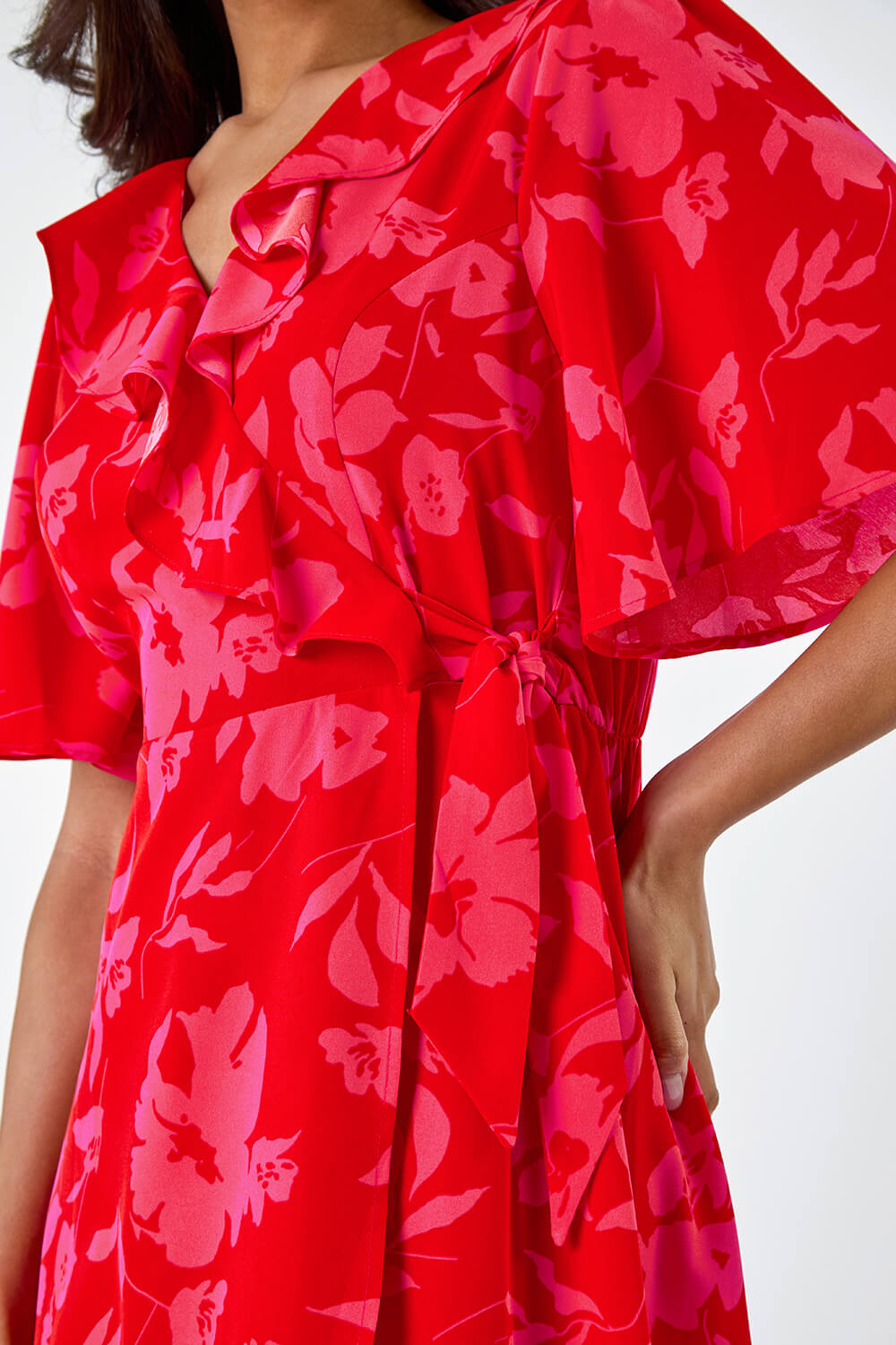 Red Floral Print Wrap Midi Dress, Image 5 of 5