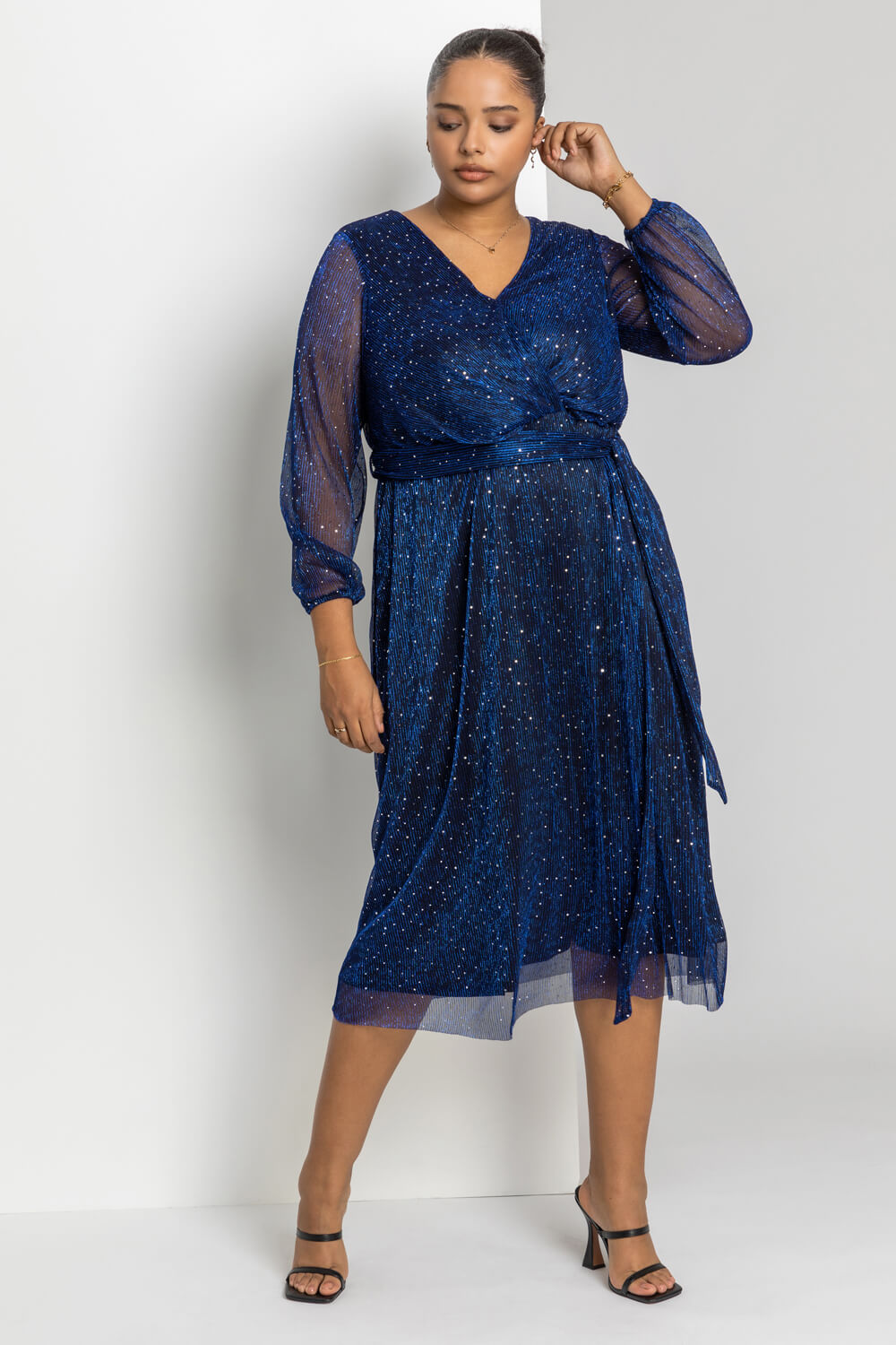 Royal Blue Curve Plisse Wrap Midi Dress, Image 3 of 4