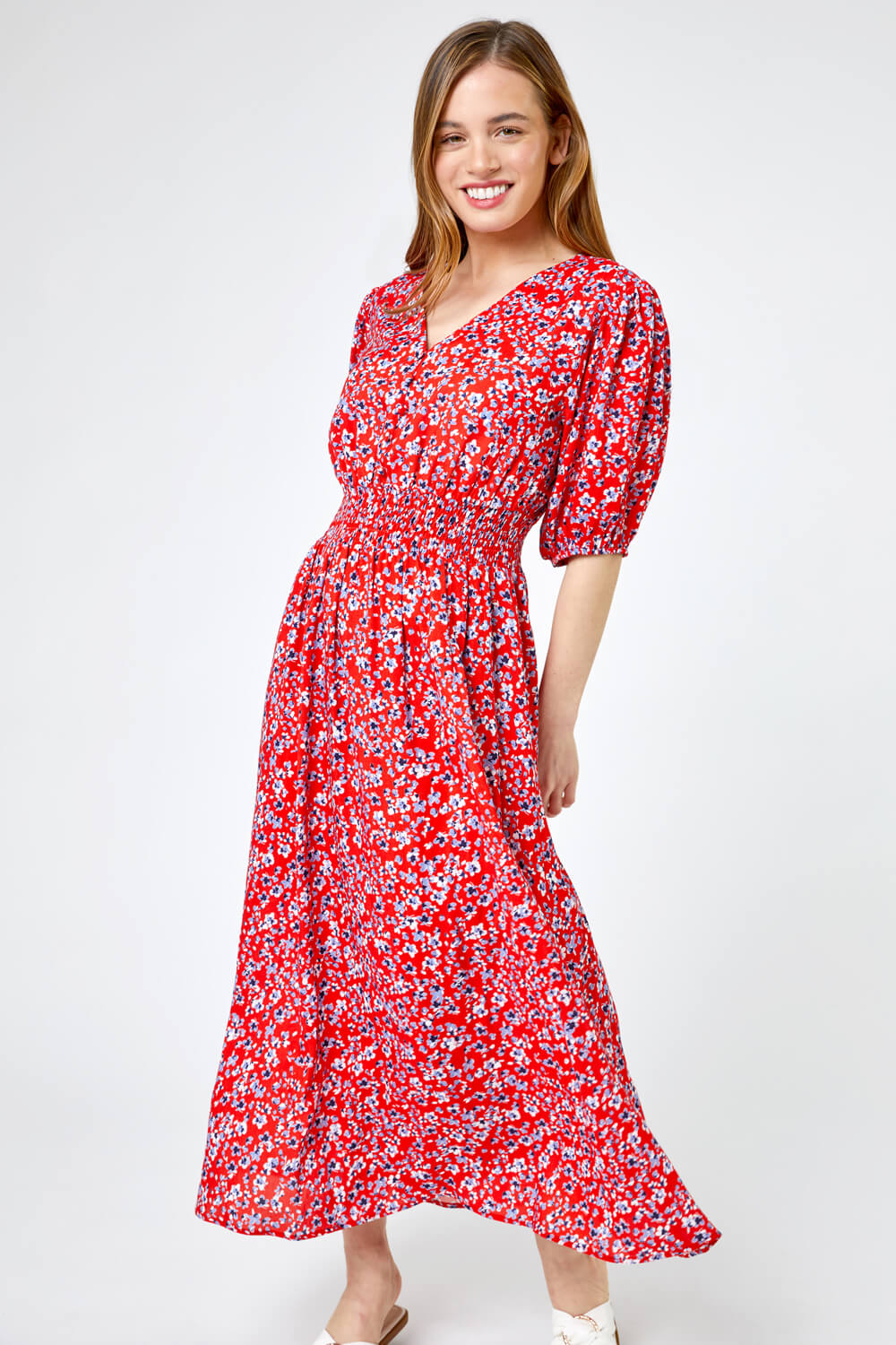 Red Petite Floral Print Shirred Maxi Dress, Image 3 of 4