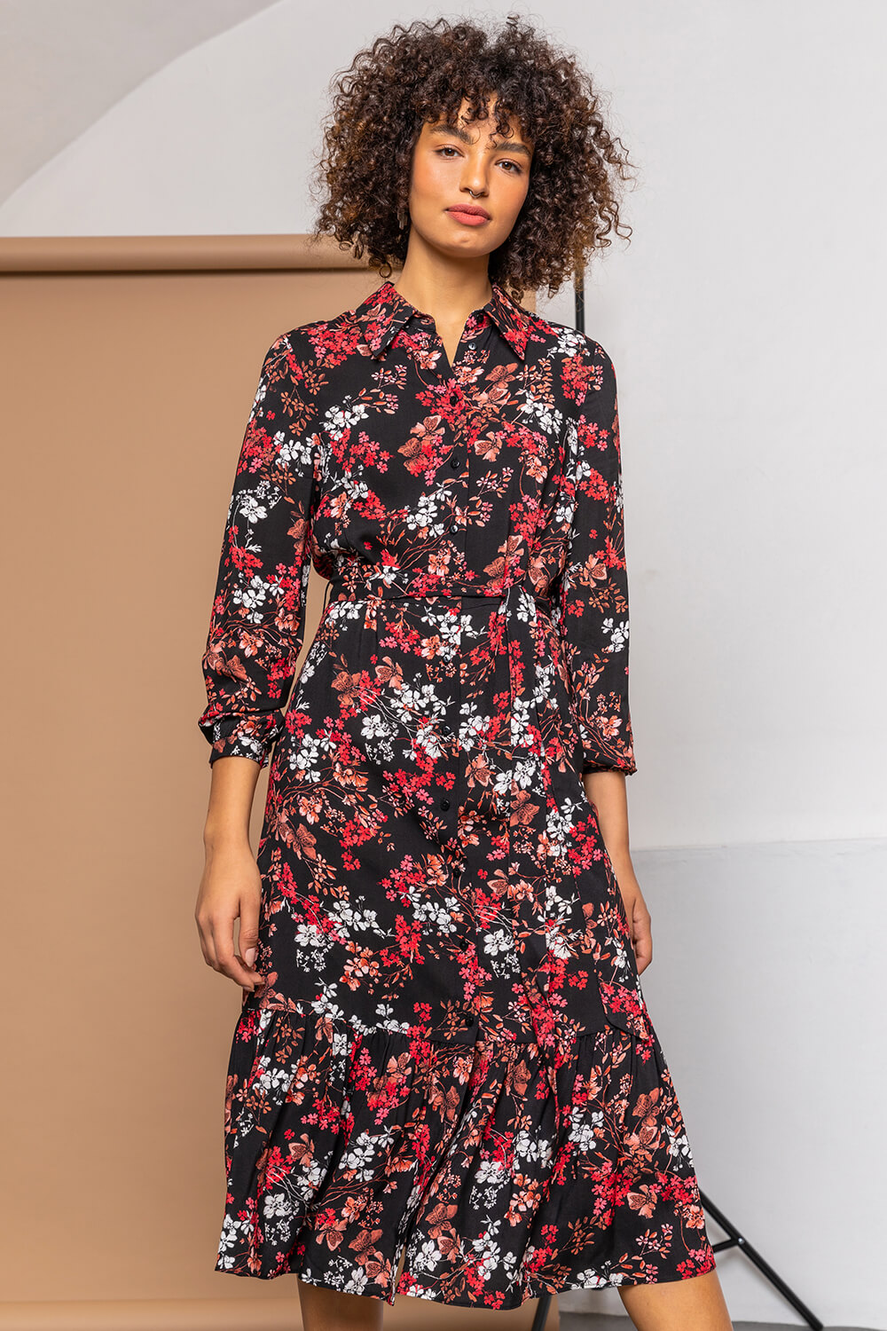 Black Tiered Floral Midi Shirt Dress, Image 3 of 5
