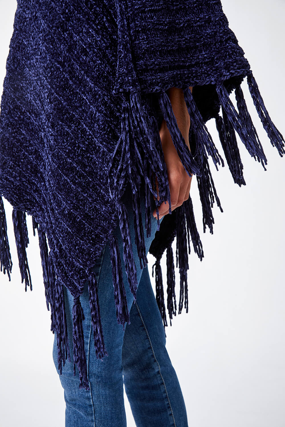 Midnight Blue One Size Chenille Tassel Trim Poncho, Image 5 of 5