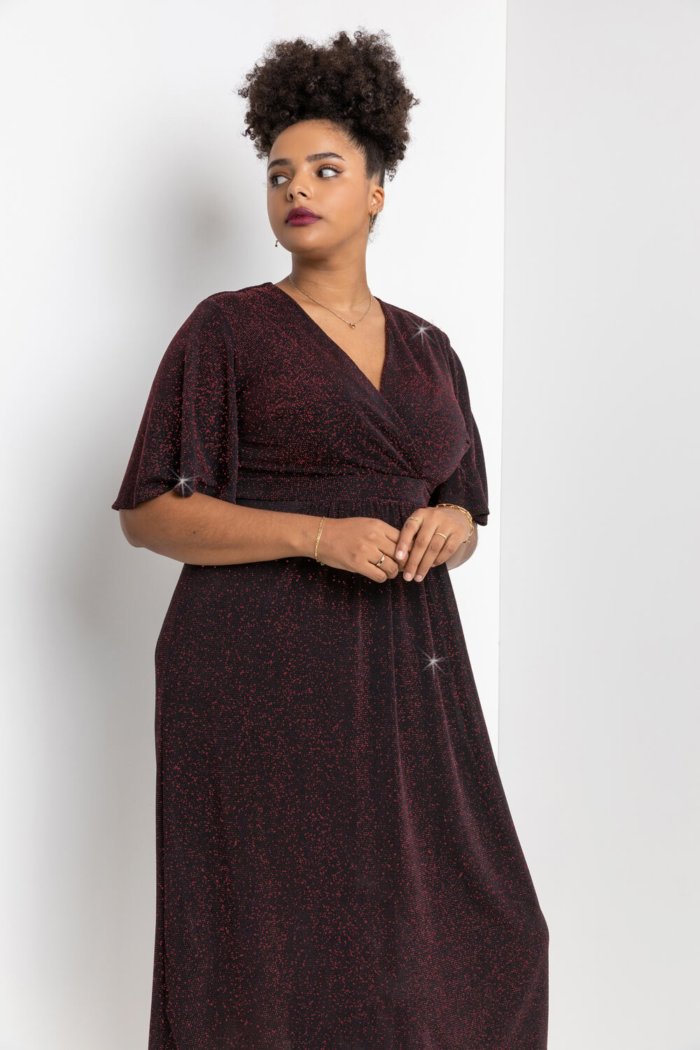 Red Curve Shimmer Wrap Midi Dress, Image 2 of 4