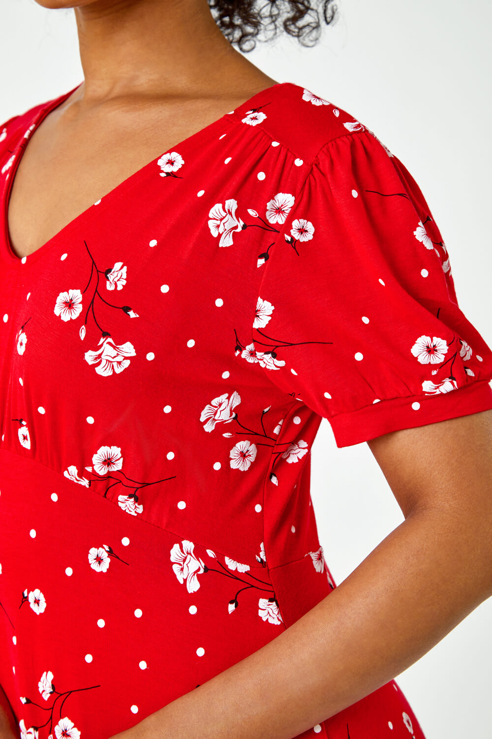 Red Petite Floral Puff Sleeve Frill Hem Dress , Image 5 of 5