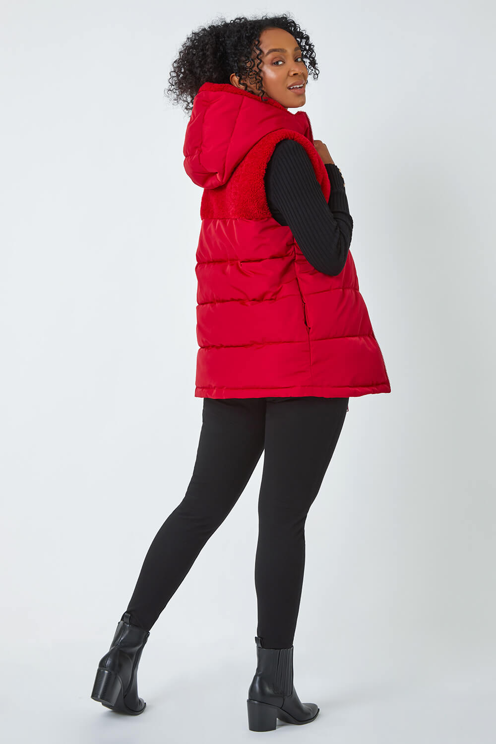 Red Petite Borg Detail Hooded Padded Gilet, Image 1 of 5