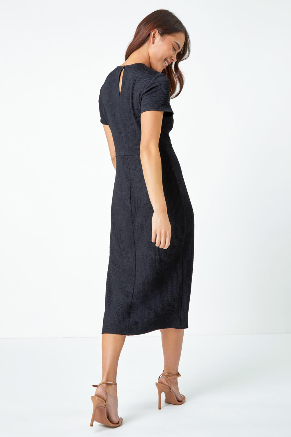 Black Petite Textured Midi Stretch Dress, Image 3 of 5