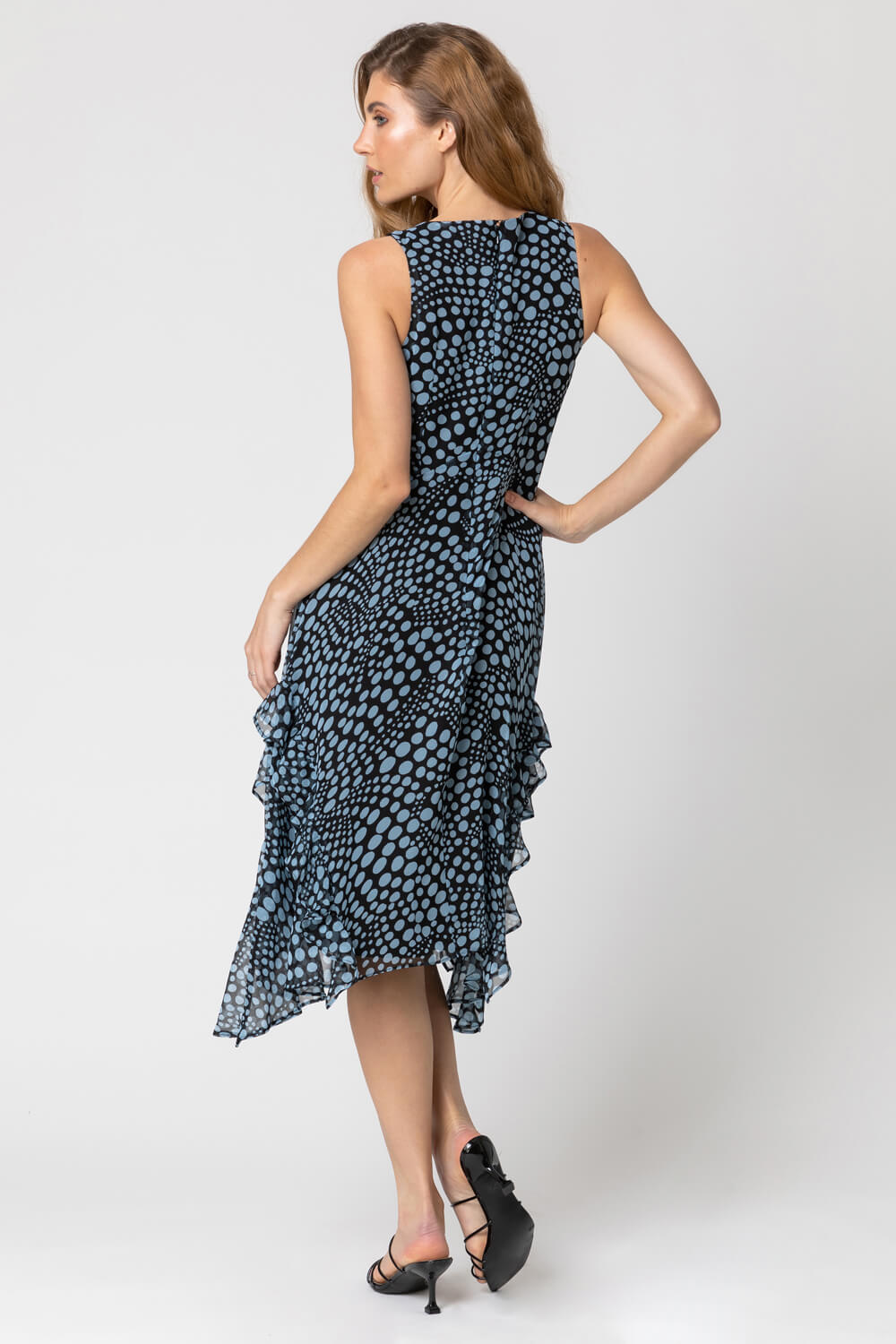 Black Abstract Spot Frill Detail Dress, Image 2 of 4