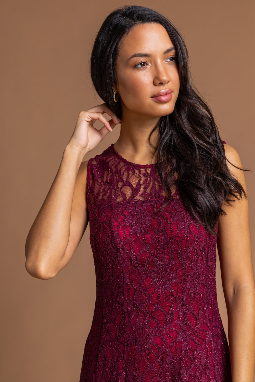 Wine Glitter Lace Fit and Flare Dress , Image 3 of 4