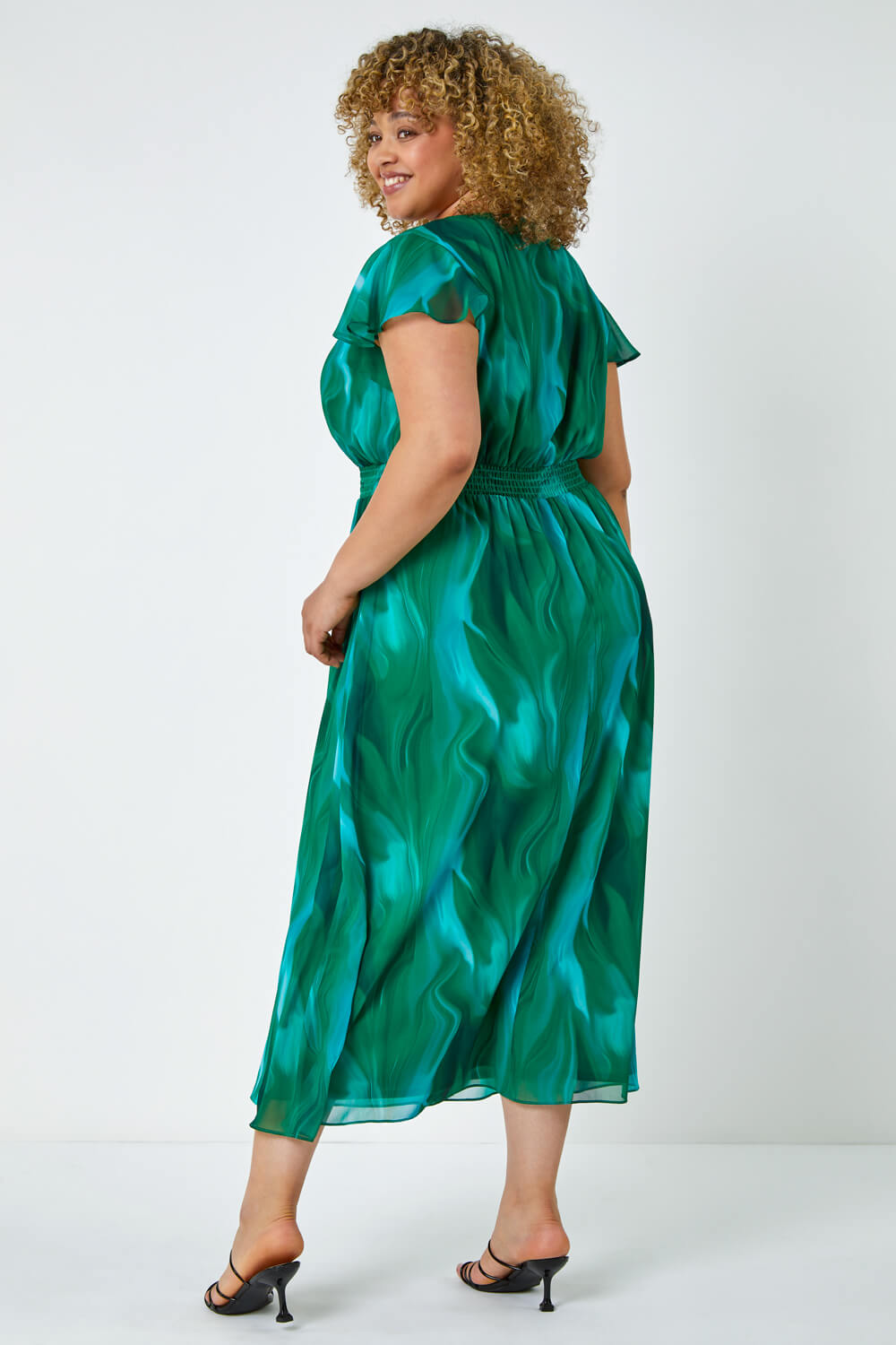Green Curve Abstract Shirred Maxi Dress, Image 3 of 5