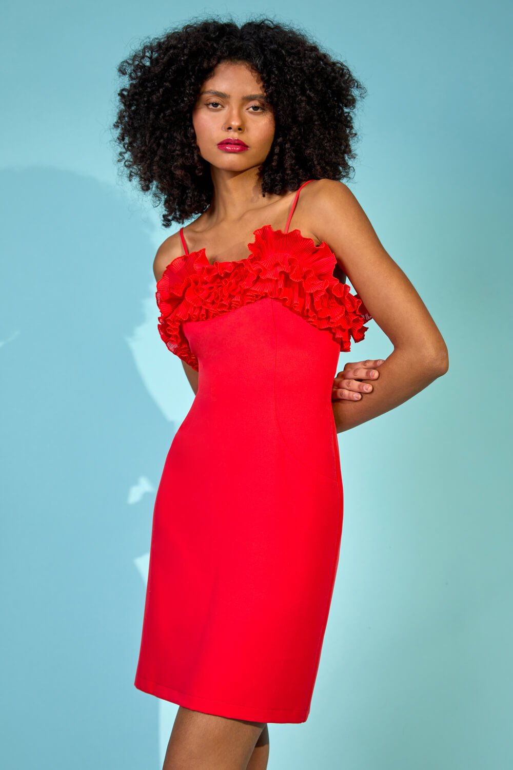Red Frill Detail Stretch Dress, Image 7 of 7