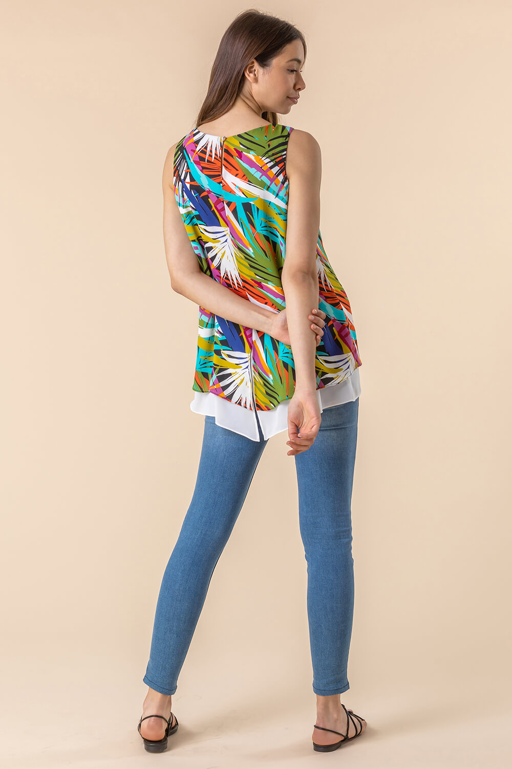 Multi  Tropical Leaf Print Layered Top, Image 2 of 5