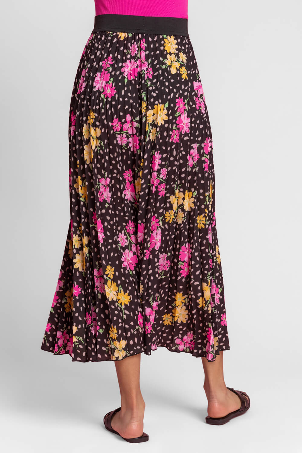Floral Spot Print Pleated Maxi Skirt in Black - Roman Originals UK
