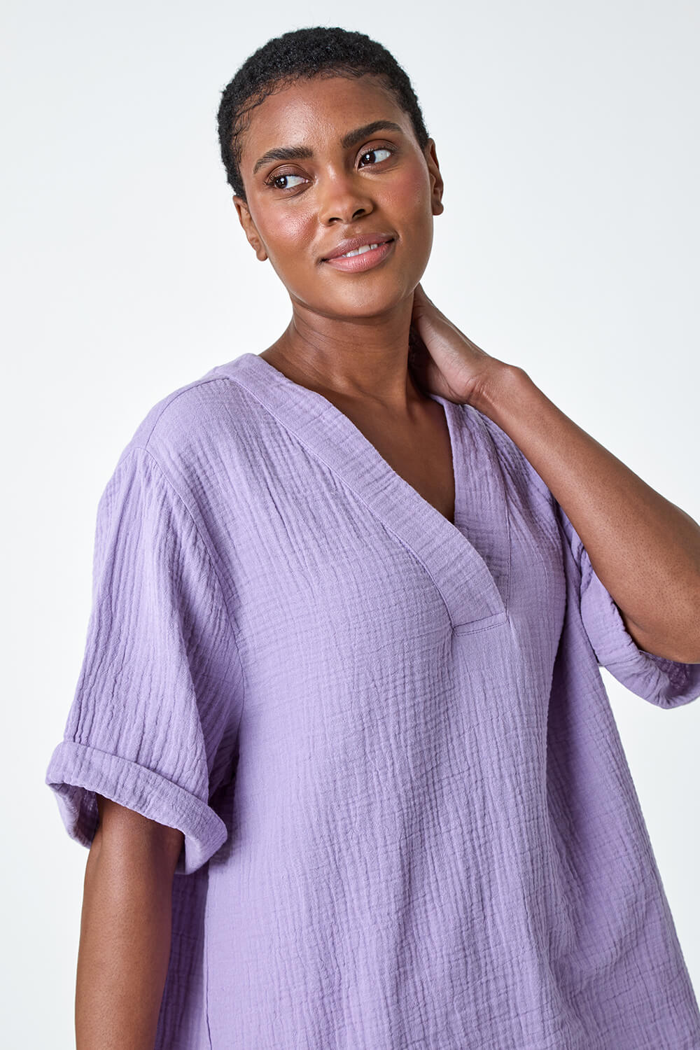 Lilac Textured Cotton Relaxed T-Shirt, Image 4 of 5