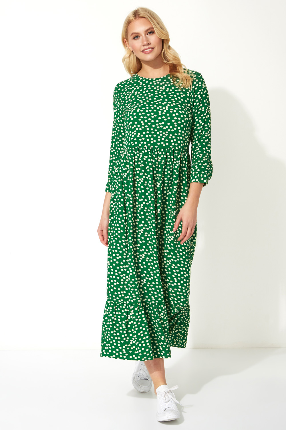 Green Polka Dot Print Tiered Maxi Dress, Image 3 of 5