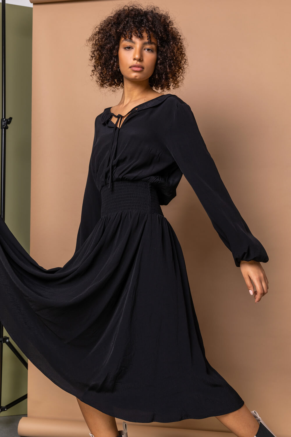Black Shirred Ruffle Neck Midi Dress, Image 5 of 5