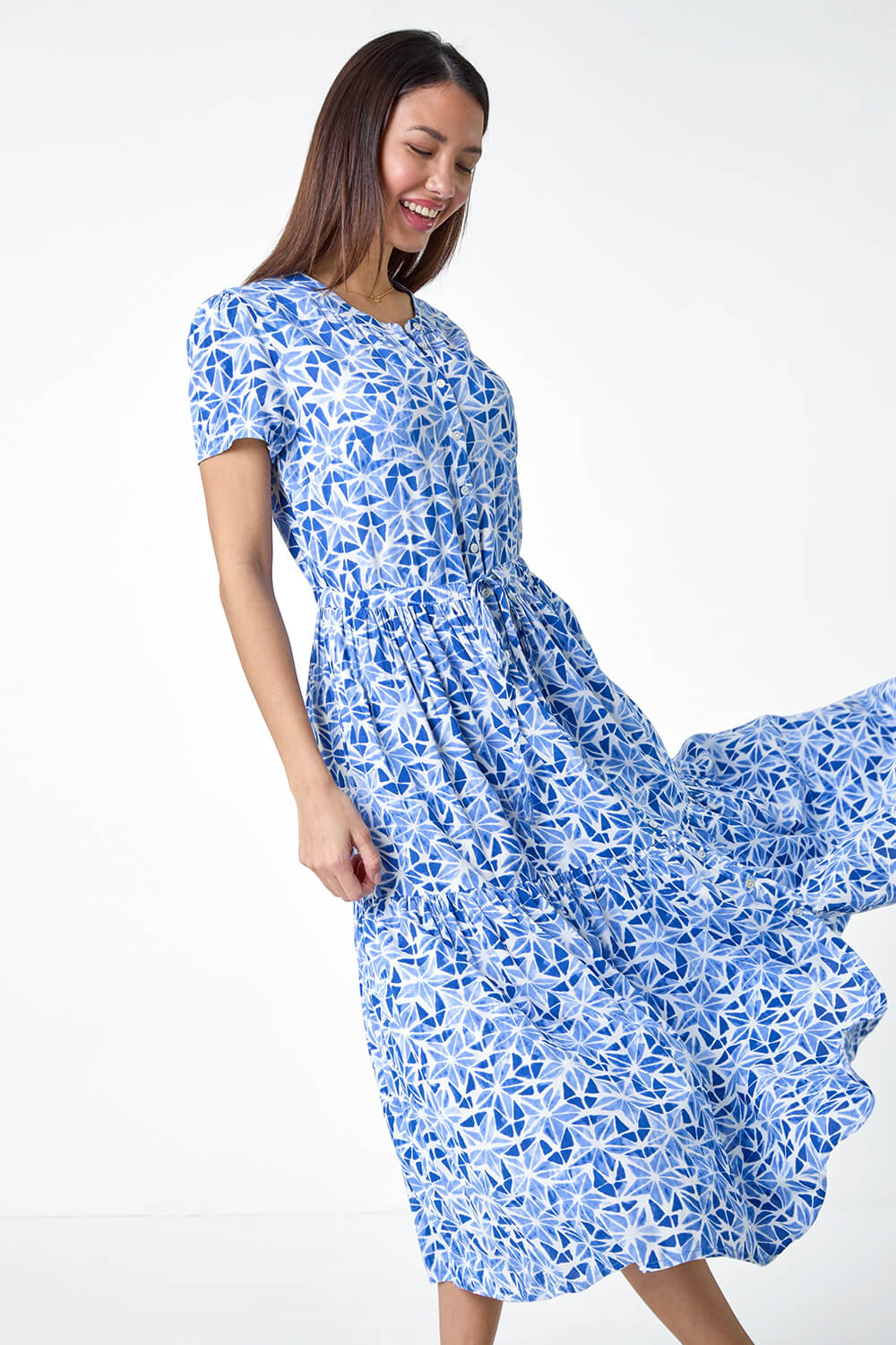 Blue Geo Print Button Through Midi Dress, Image 4 of 5