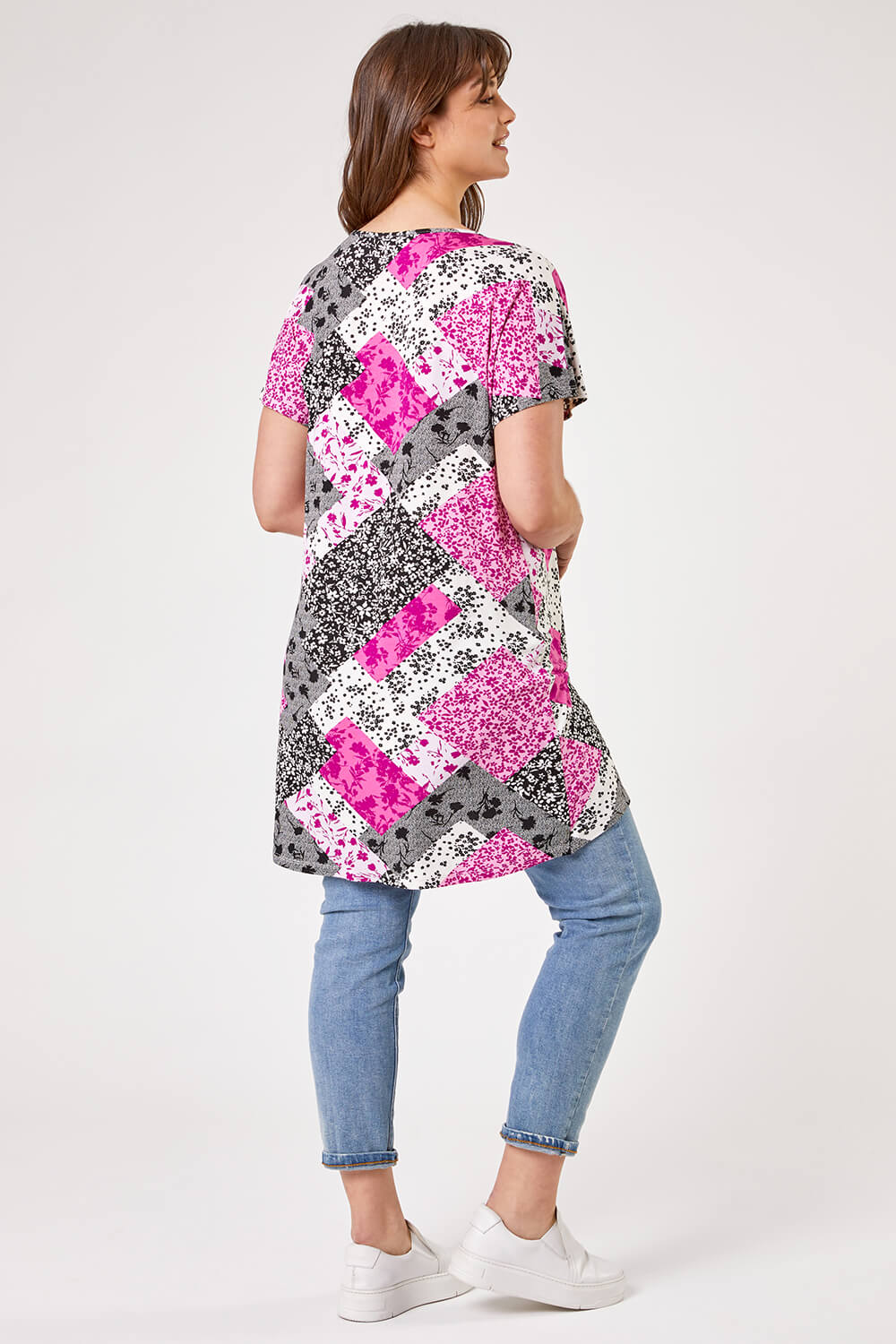 PINK Curve Patchwork Print Cross Detail Top, Image 2 of 4
