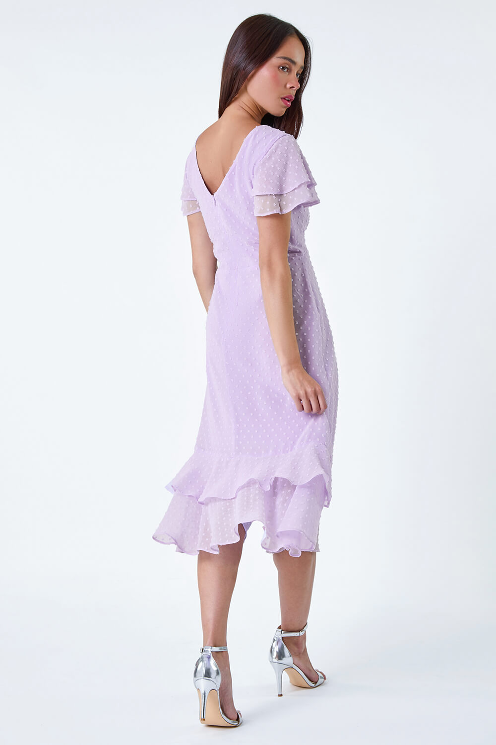 Lilac Petite Textured Spot Frill Midi Dress, Image 3 of 5
