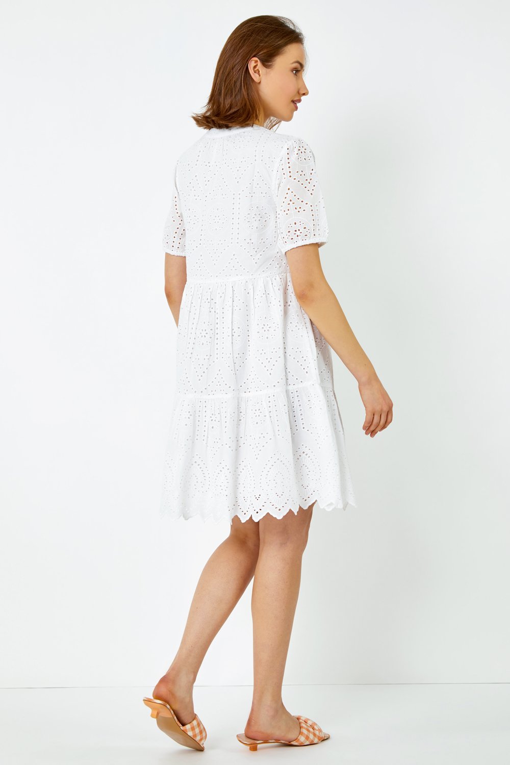 White Embroidered Tiered Cotton Smock Dress, Image 4 of 5
