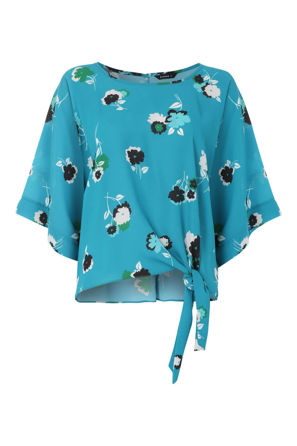Floral 3/4 Sleeve Tie Front Top in Teal Roman Originals UK