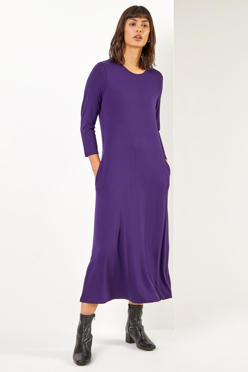 Purple Stretch Pocket Detail Midi Dress, Image 3 of 5