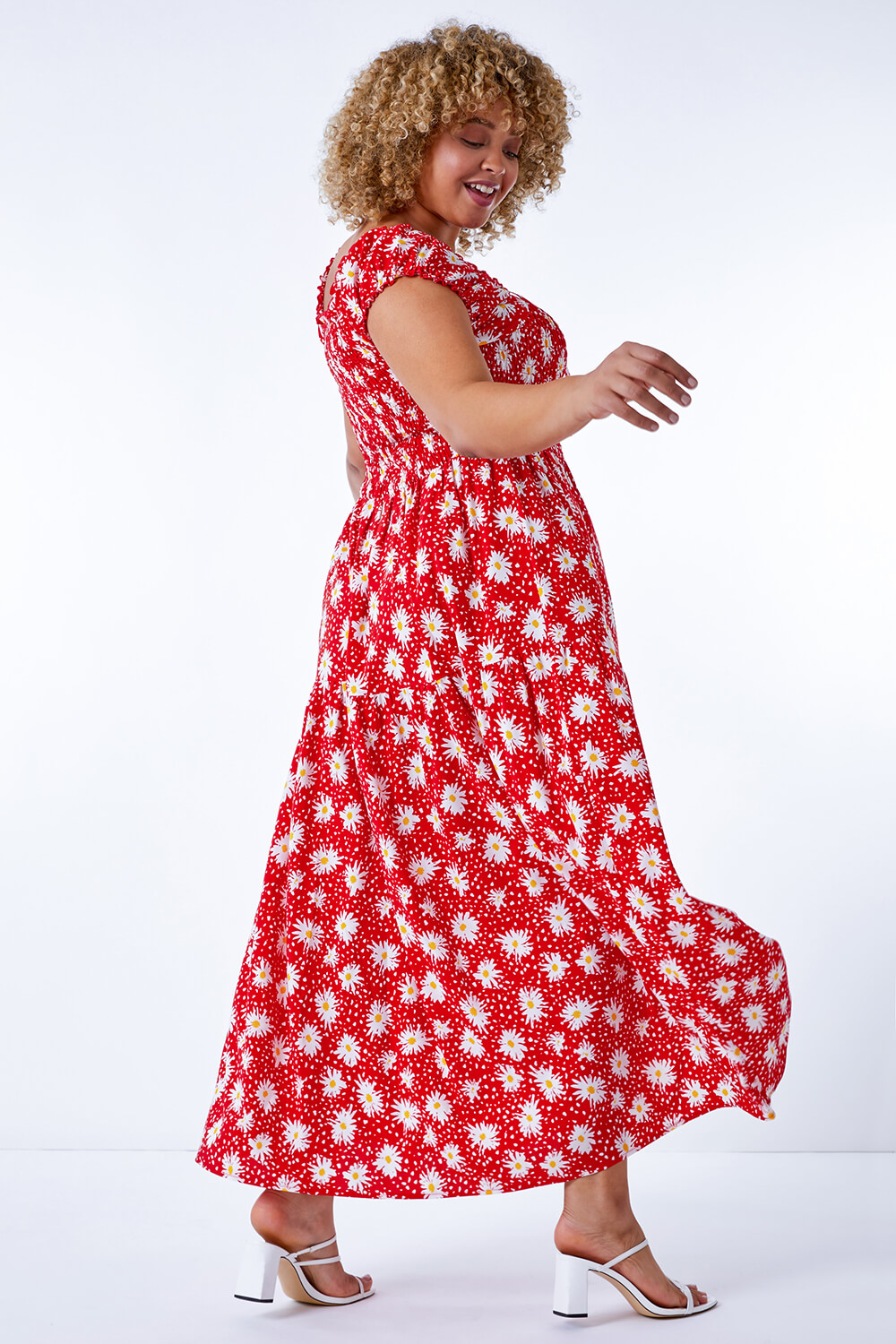 Red Curve Floral Shirred Bardot Dress, Image 3 of 5