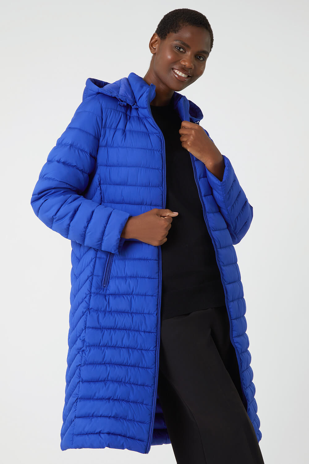 Royal Blue Longline Hooded Padded Coat, Image 4 of 6