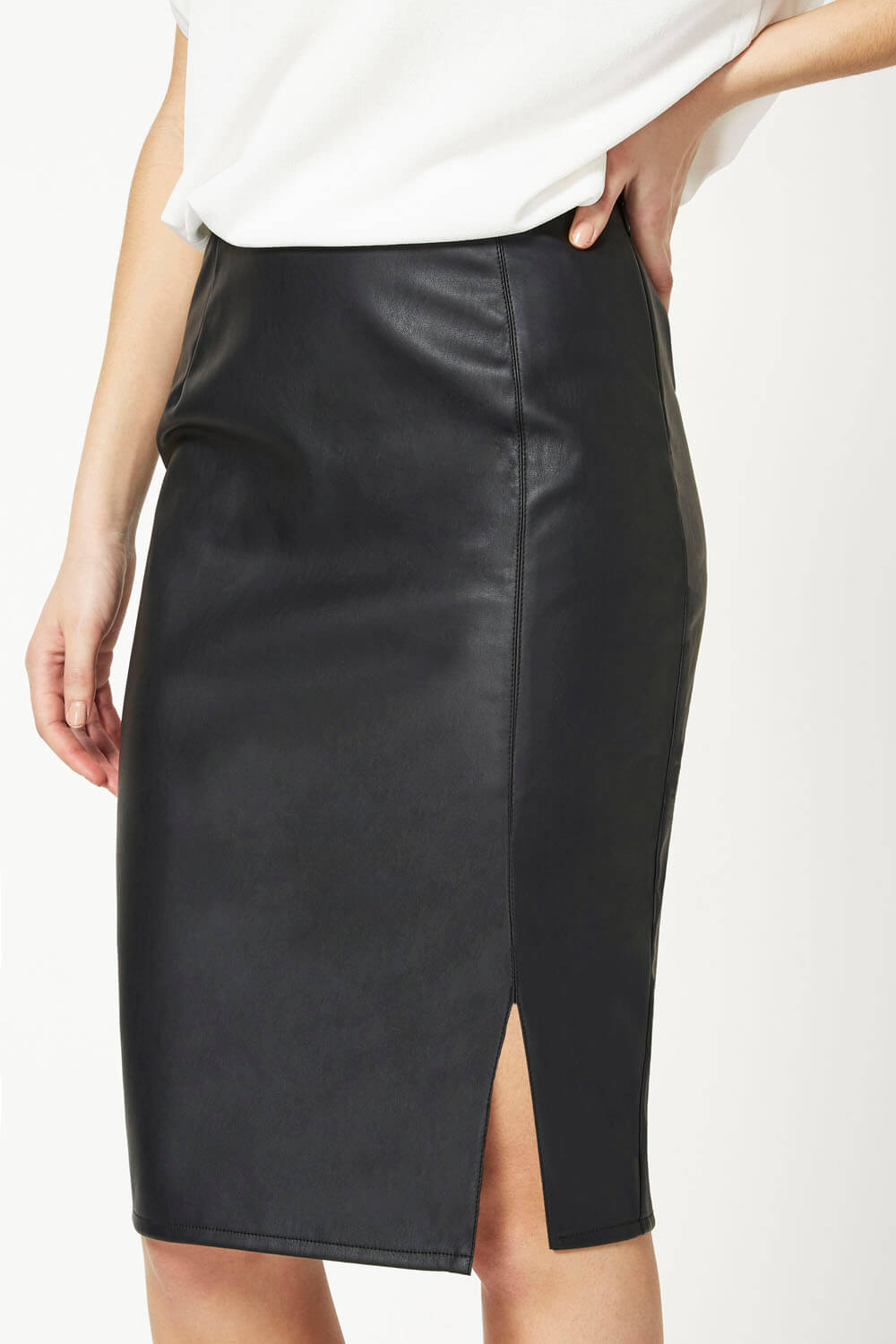 Black Faux Leather Side Split Pencil Skirt, Image 4 of 4