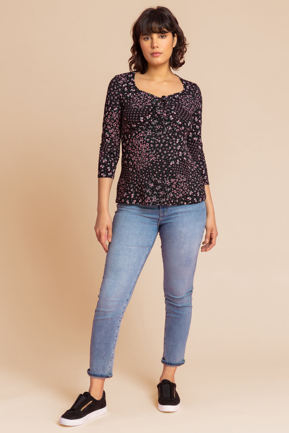 Black Ditsy Floral Print Ruched Top, Image 3 of 5