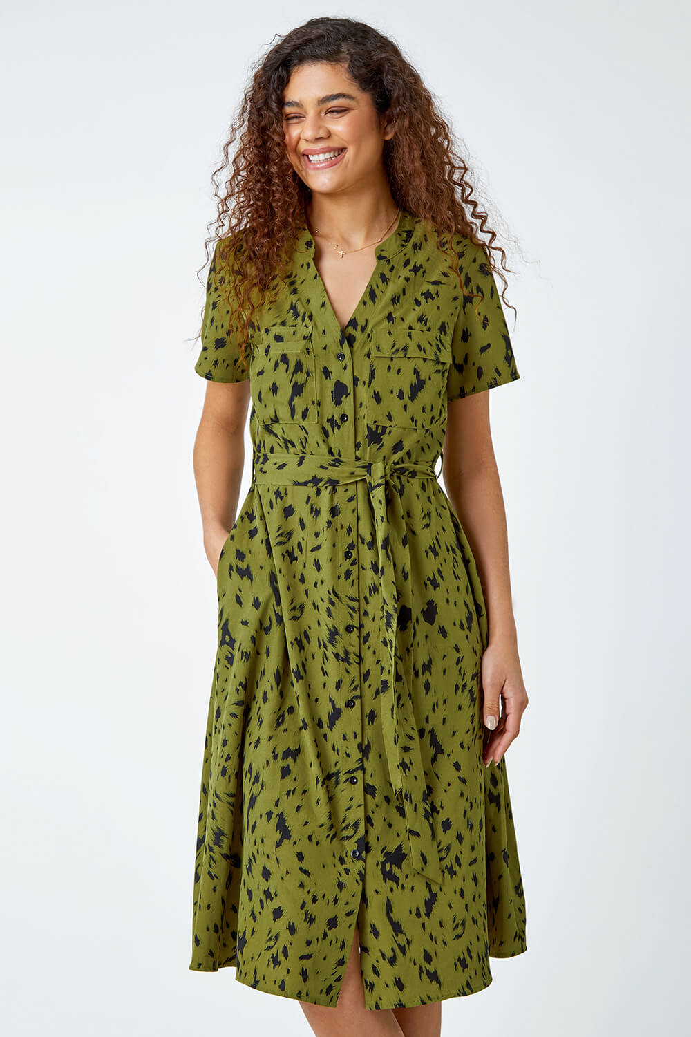Olive Abstract Spot Print Shirt Dress, Image 4 of 5