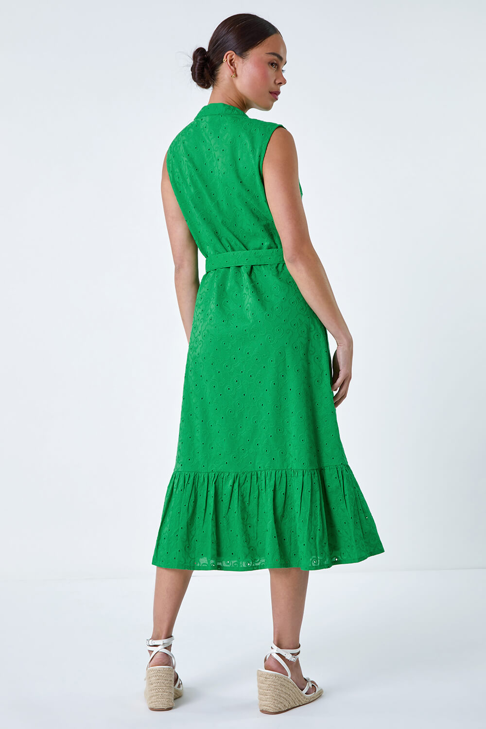 Green Petite Cotton Broderie Frill Midi Dress, Image 3 of 5