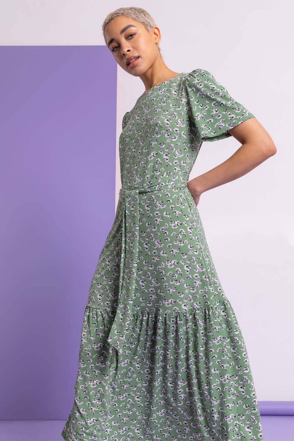 Sage Ditsy Daisy Print Belted Dress | Roman UK