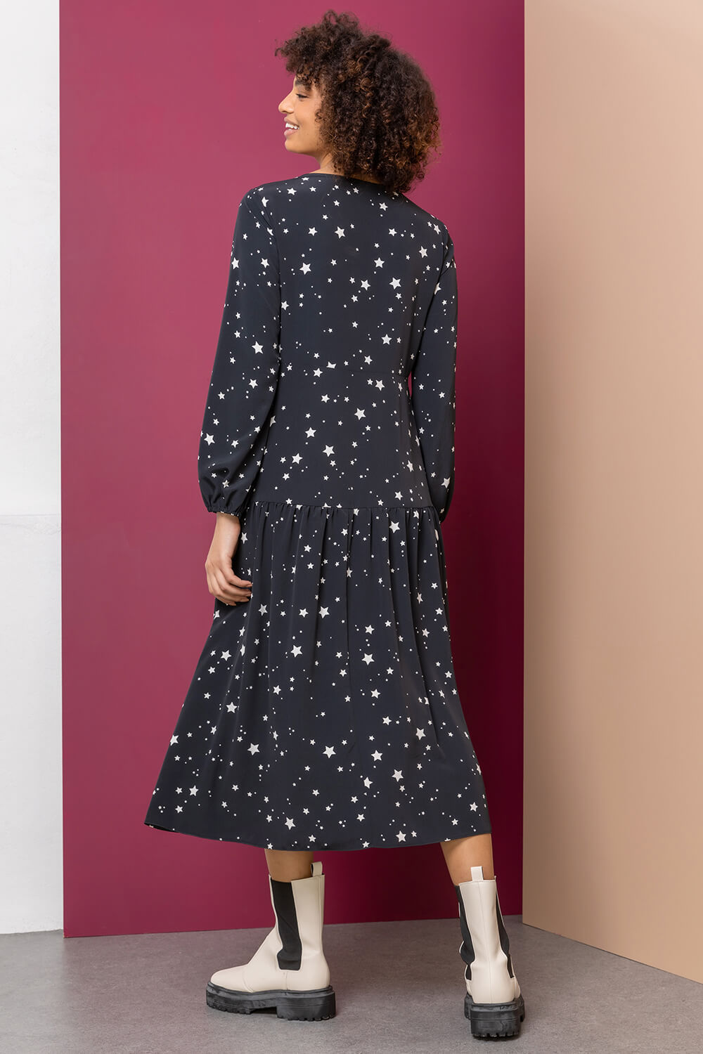 Black Star Print Fit & Flare Midi Dress, Image 2 of 5
