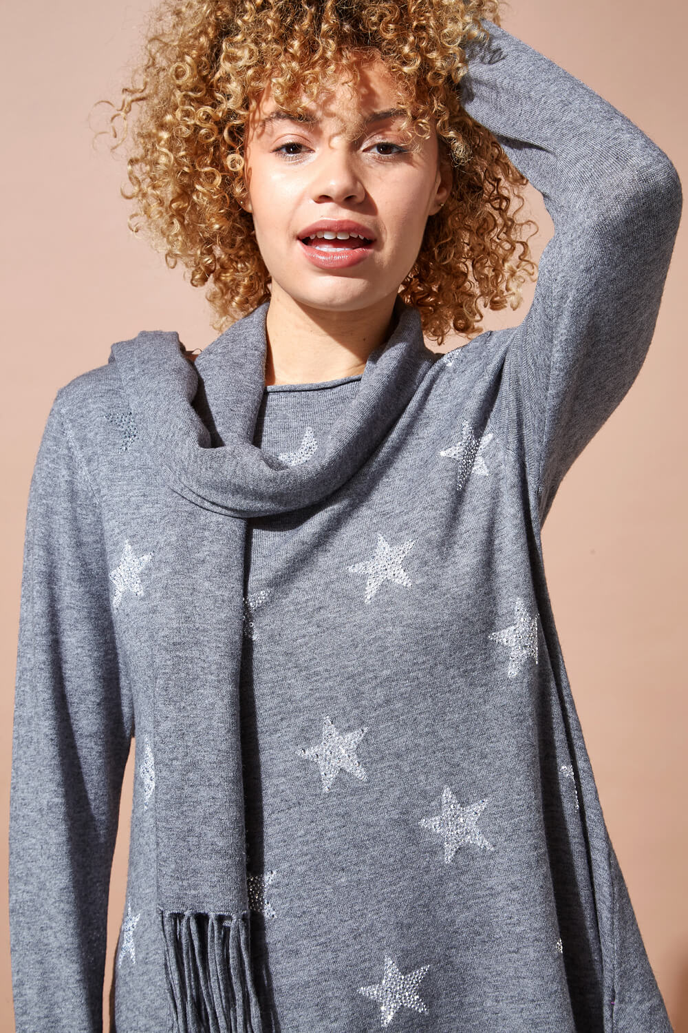 Light-Grey Star Print Knitted Tunic with Tassel Scarf, Image 3 of 4