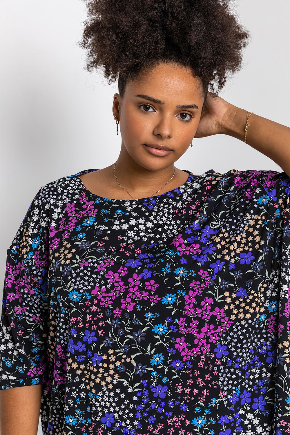 Blue Curve Patchwork Floral Print Tunic Top, Image 4 of 4