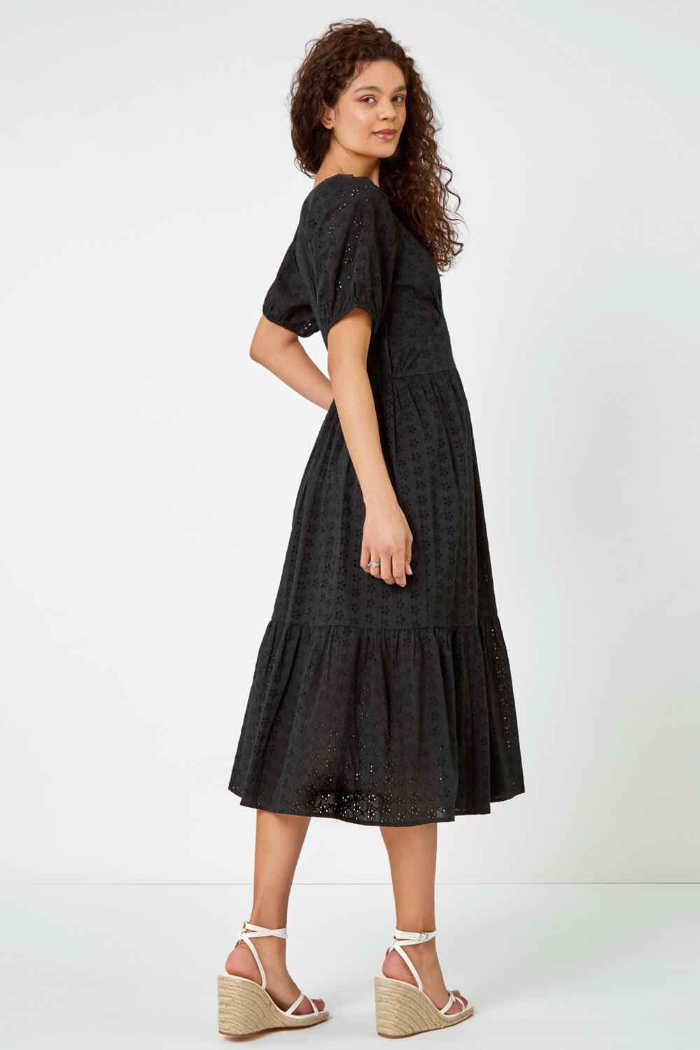 Black Broderie Puff Sleeve Cotton Midi Dress, Image 3 of 5