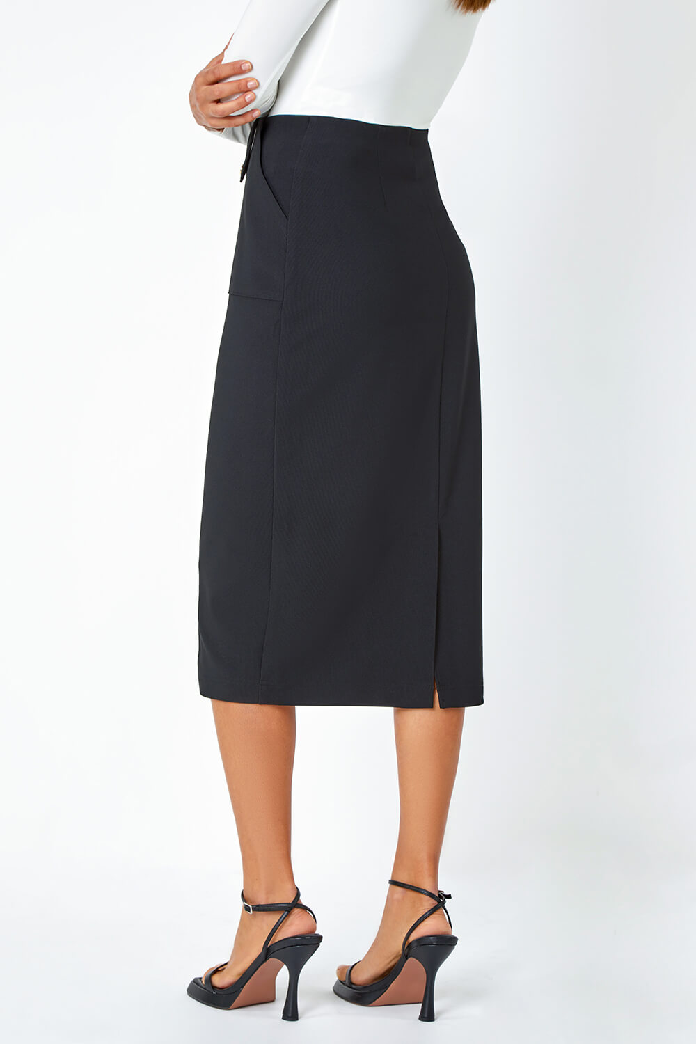 Black Ribbed Pocket Detail Midi Stretch Skirt, Image 3 of 5