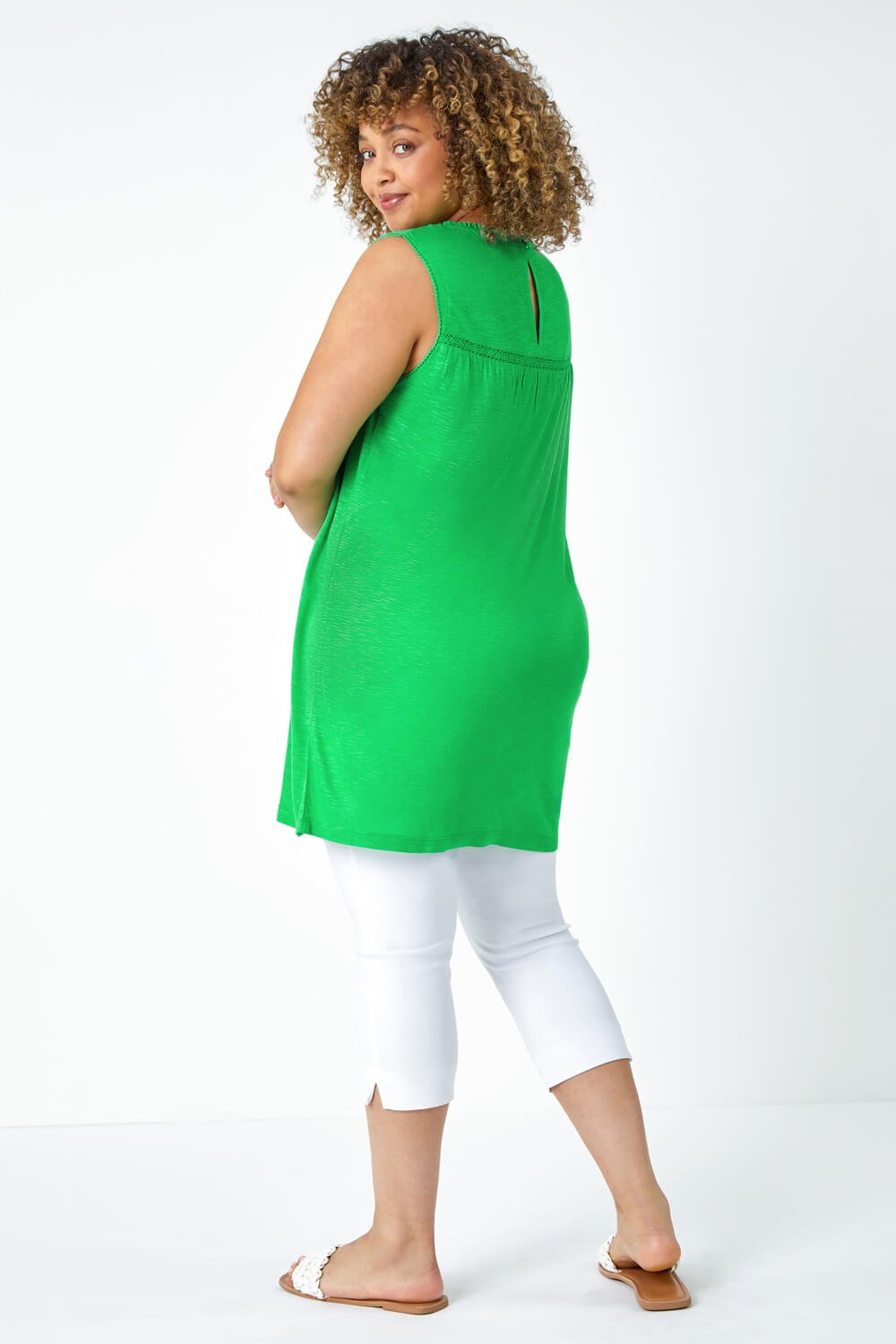 Green Curve Sleeveless Longline Broderie Top, Image 3 of 5