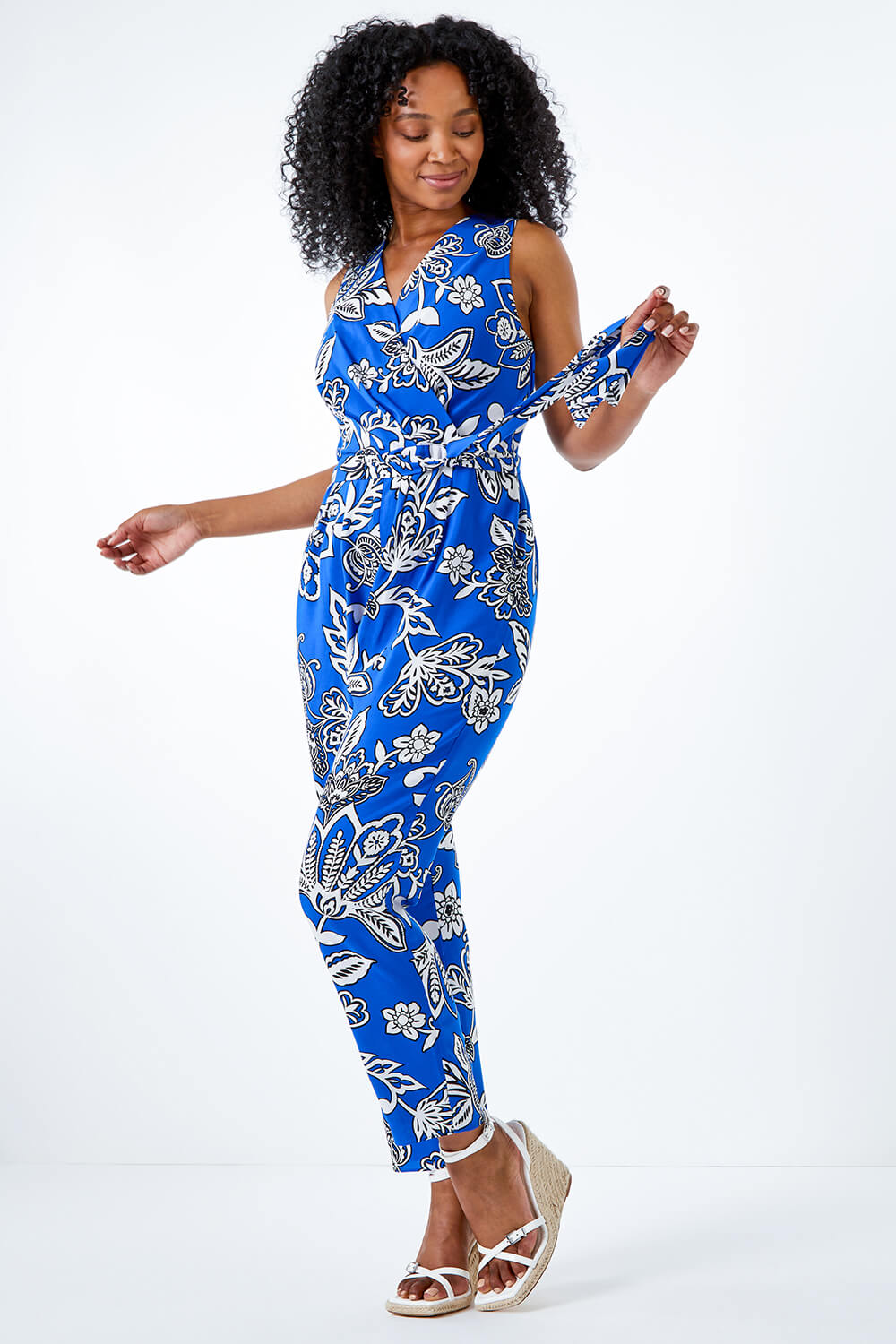 Blue Petite Wrap Front Belted Jumpsuit, Image 2 of 5