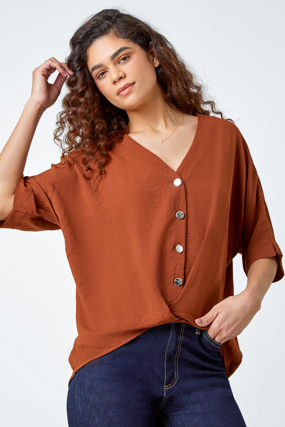 Chocolate Button Front Twist Detail Top, Image 4 of 5