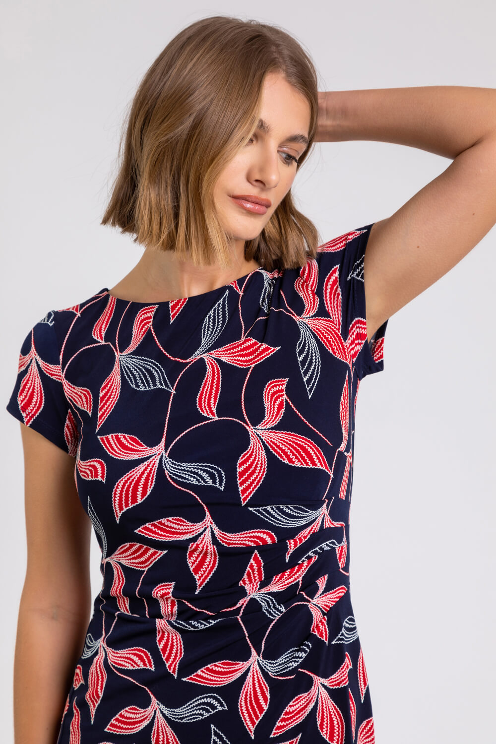 Navy  Floral Print Stretch Ruched Dress, Image 4 of 4