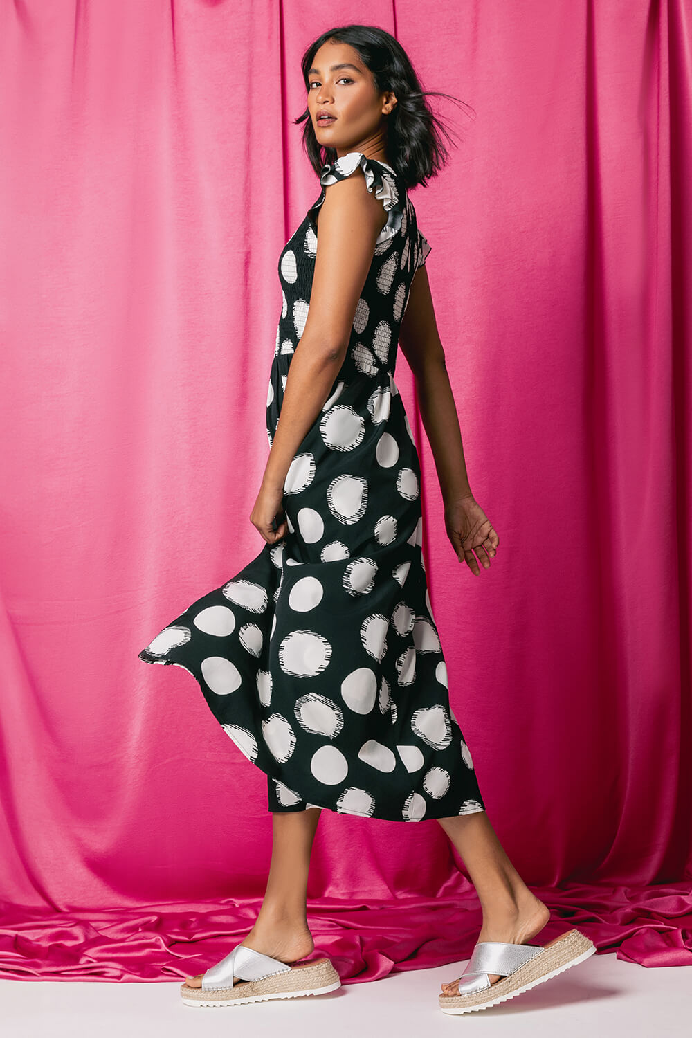 Black Polka Dot Shirred Stretch Midi Dress, Image 6 of 6