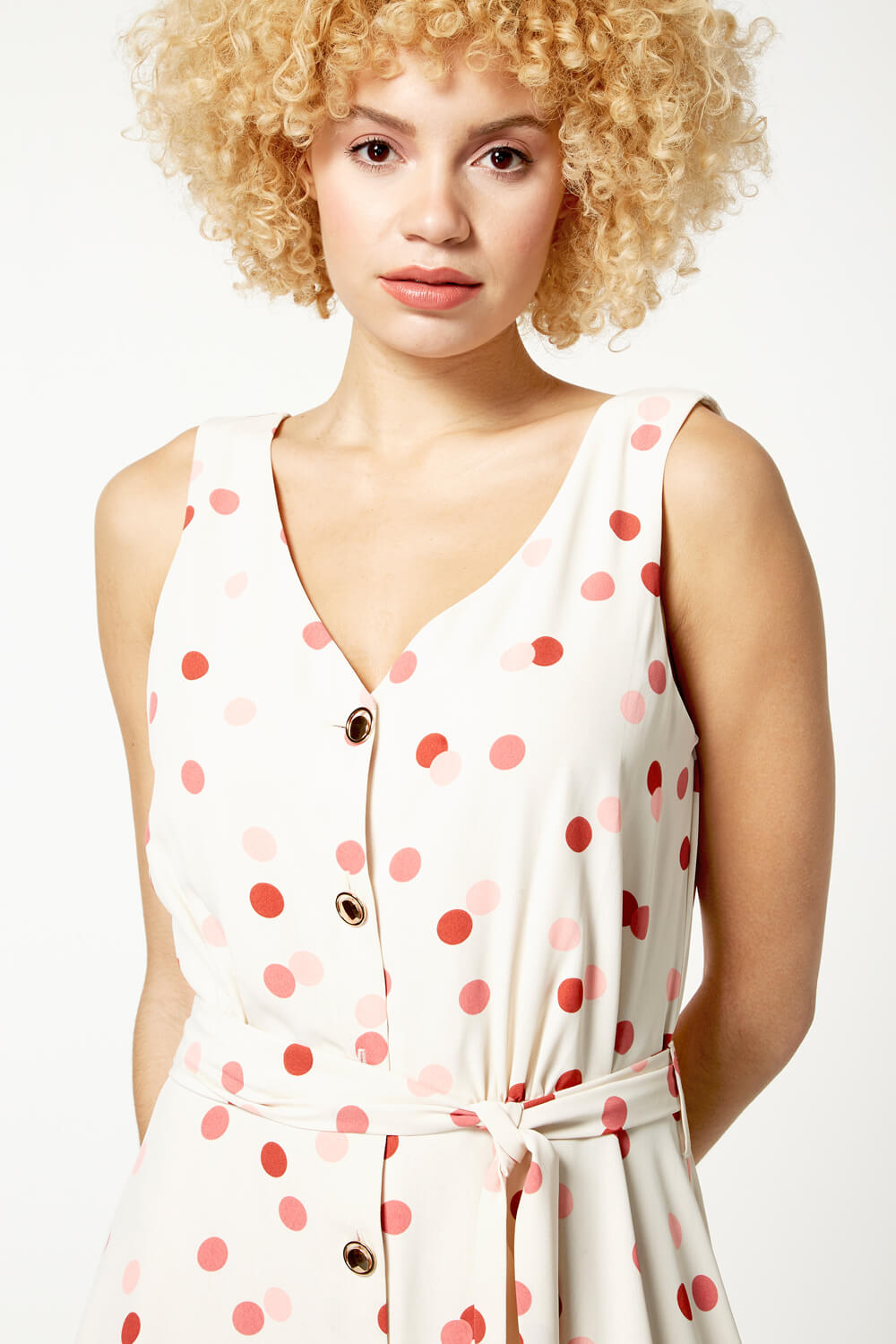 Cream  Polka Dot Fit and Flare Belted Dress, Image 3 of 4