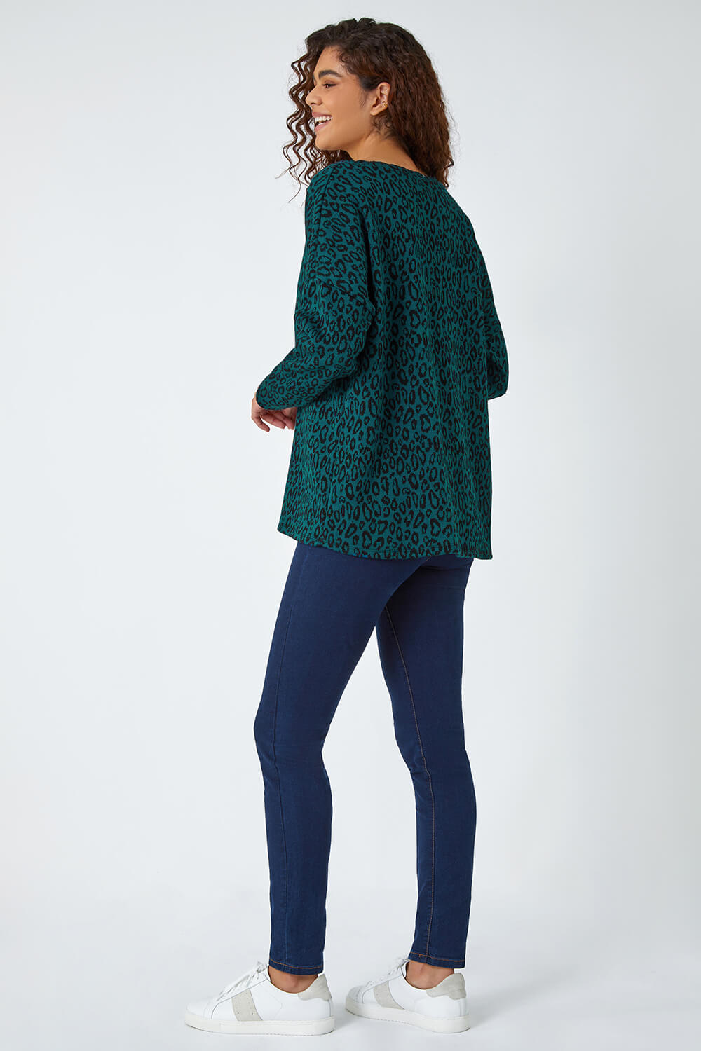 Teal Animal Print Tunic Stretch Top, Image 3 of 5