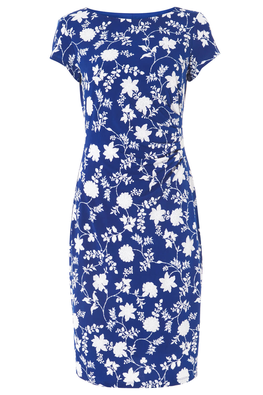 Royal Blue Floral Print Side Ruched Dress, Image 5 of 5