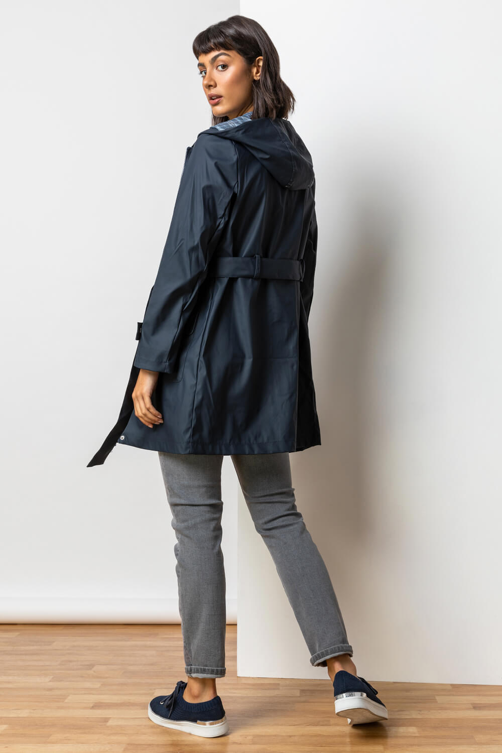 Navy  Belted Raincoat with Hood, Image 2 of 5
