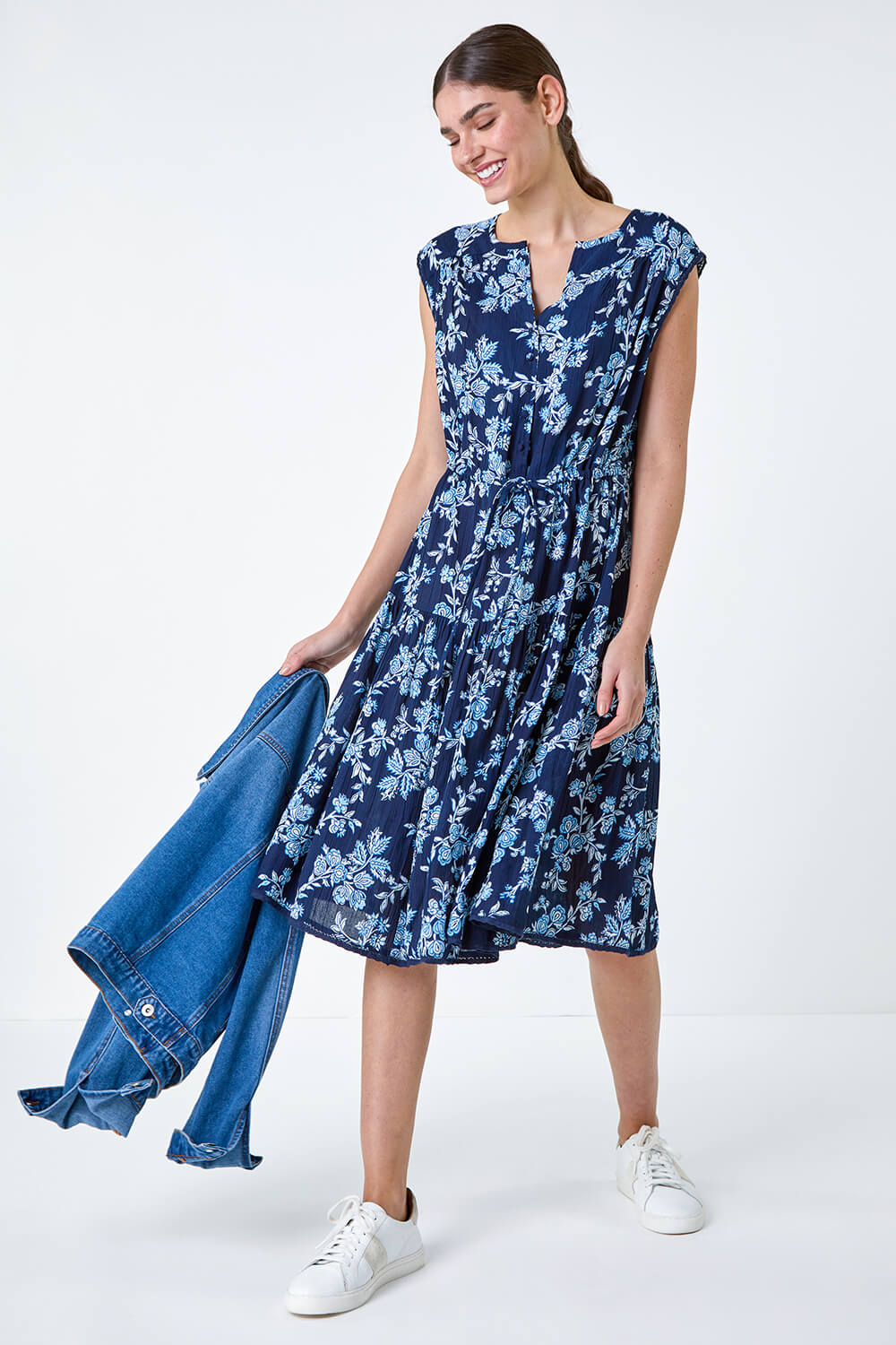 Navy  Floral Print Tiered Woven Dress, Image 2 of 5