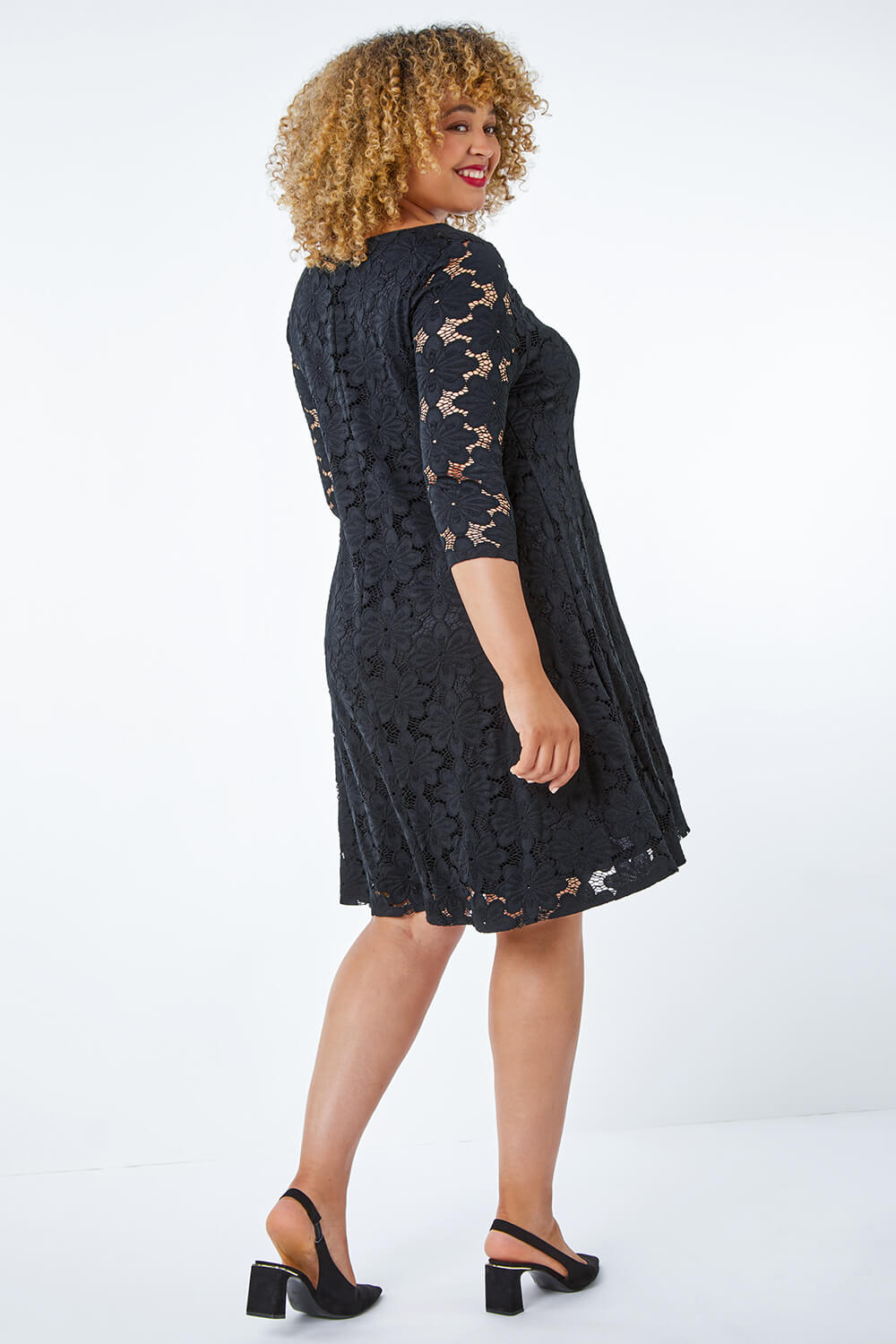 Black Curve Floral Lace Shift Dress, Image 3 of 5
