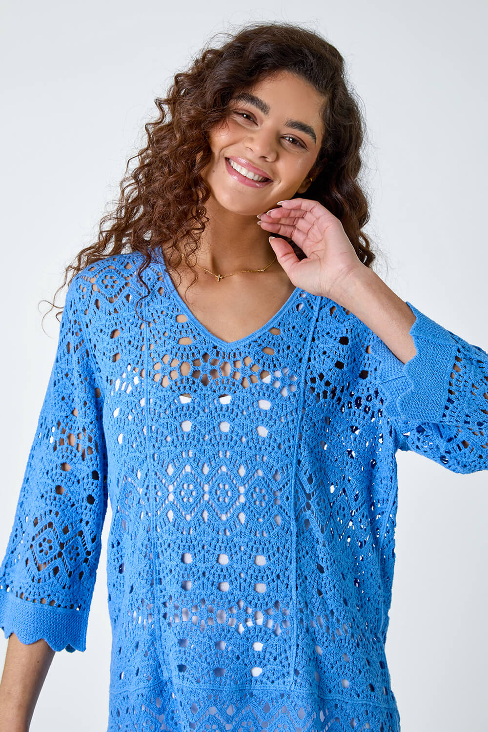 Light Blue  Cotton Crochet Tunic Top, Image 4 of 5